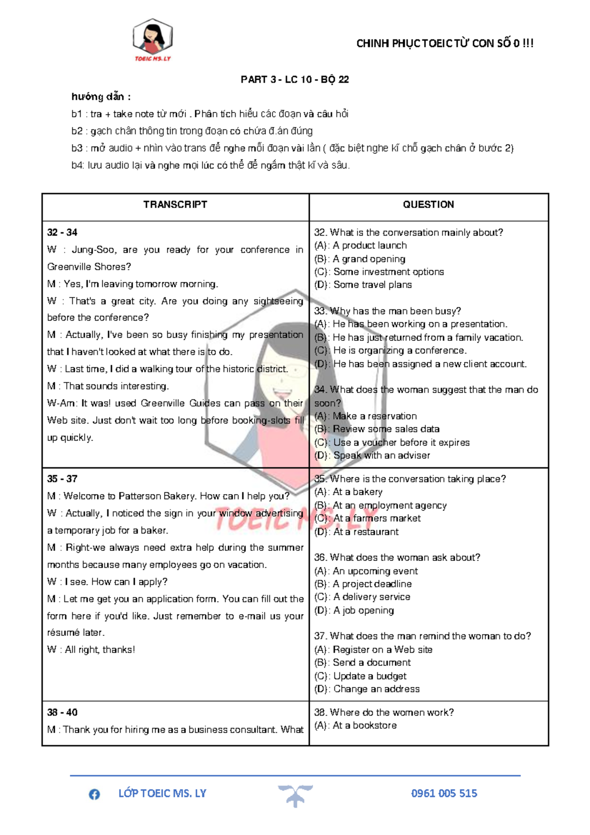 CHINH PHỤC TOEIC TỪ CON SỐ 0: Hướng Dẫn Nghe Part 3 LC 10 BỘ 22 - Studocu