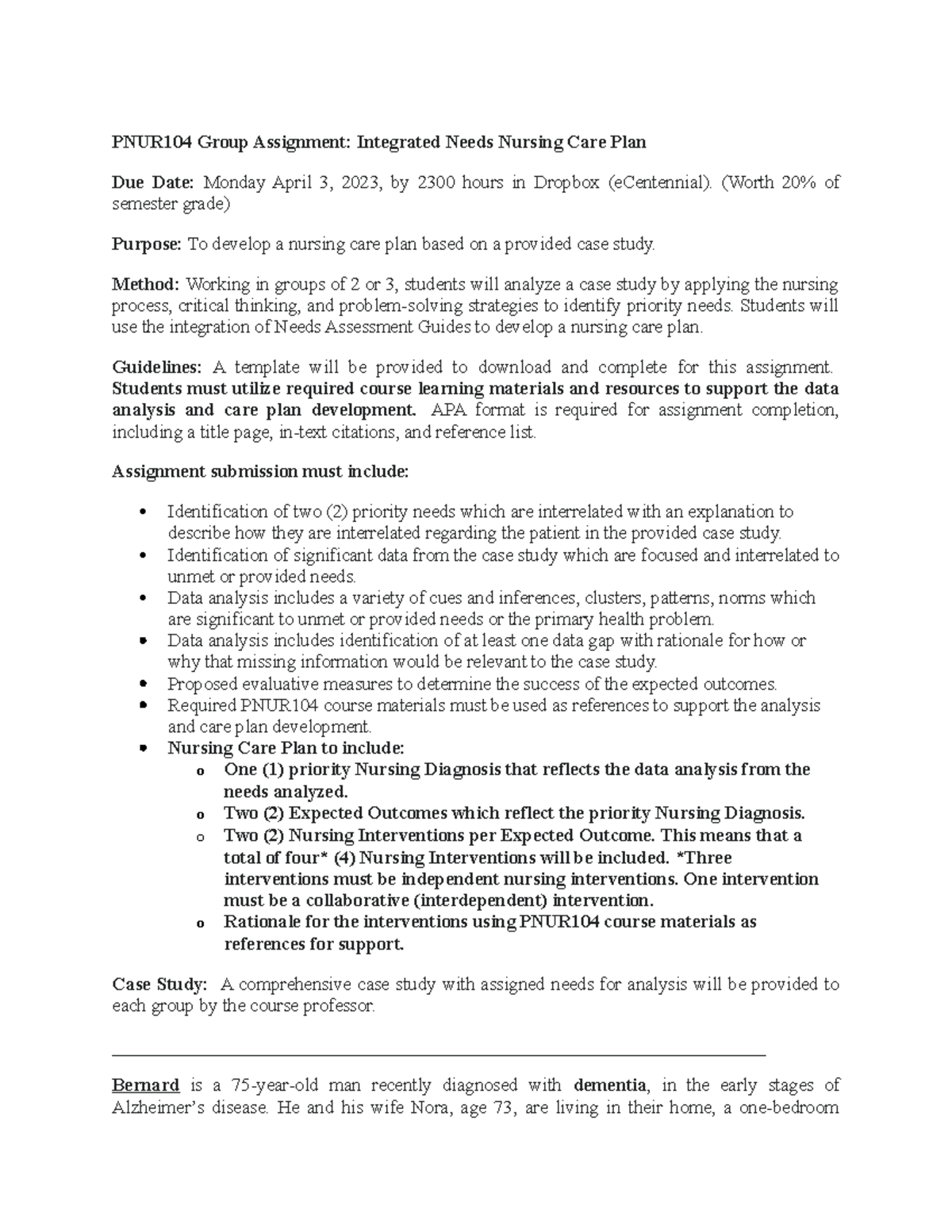 PNUR104 Group Assignment: Integrated Nursing Care Plan Development ...