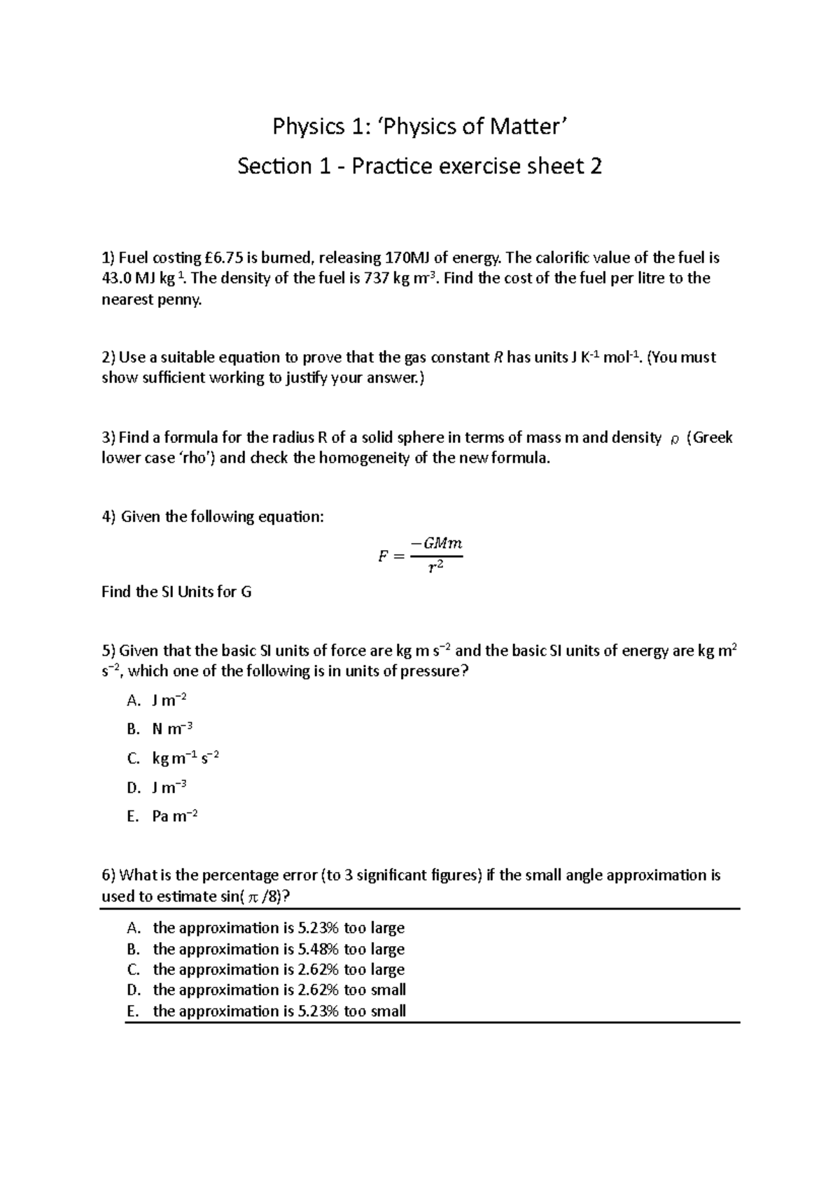 Physics 1: Section 1 Practice Exercise Sheet 2 (P1S1EX2) - Studocu