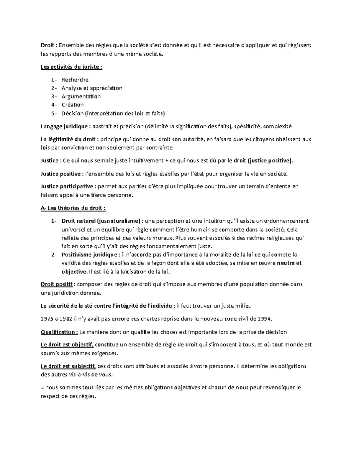 Note de cours 1 : Introduction au Droit et ses Fondements - Studocu