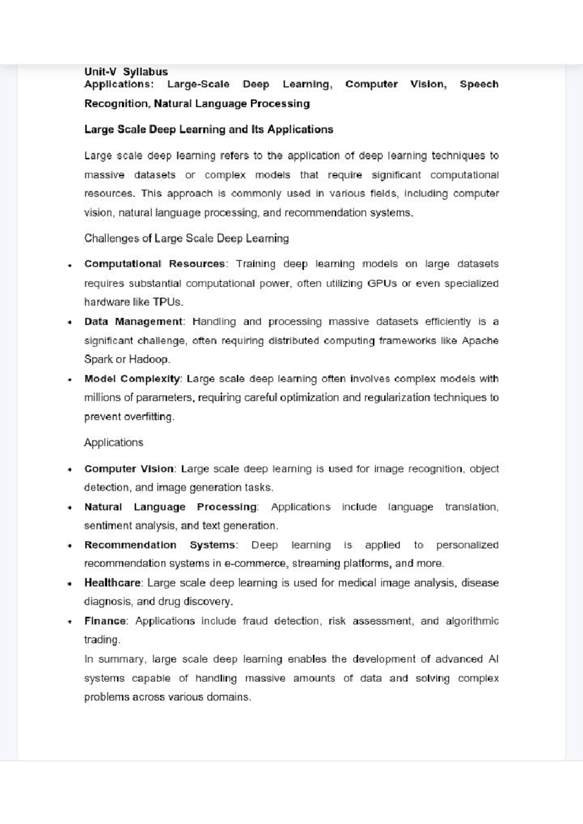 DL Unit-5: Applications of Large Scale Deep Learning in AI - Studocu