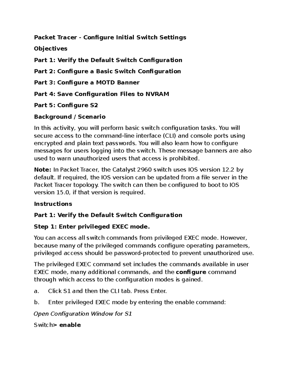 CCNA 1 Packet Tracer: Initial Switch Configuration Guide - Studocu