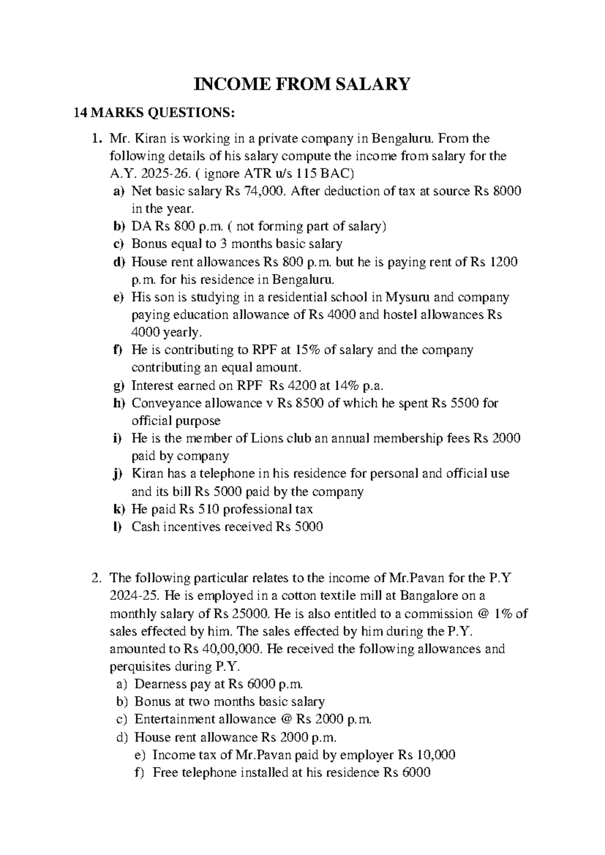 Income from Salary: 14 Marks Questions Analysis - Studocu