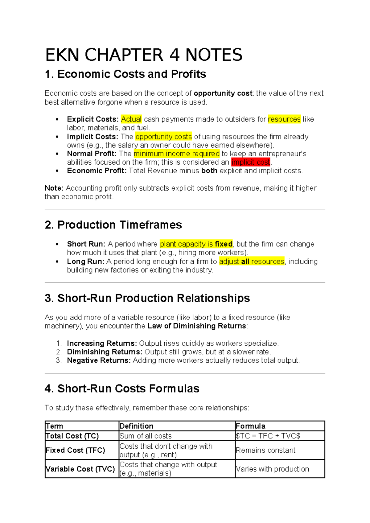 EKN CHAPTER 4 NOTES: Economic Costs, Profits, and Production - Studocu