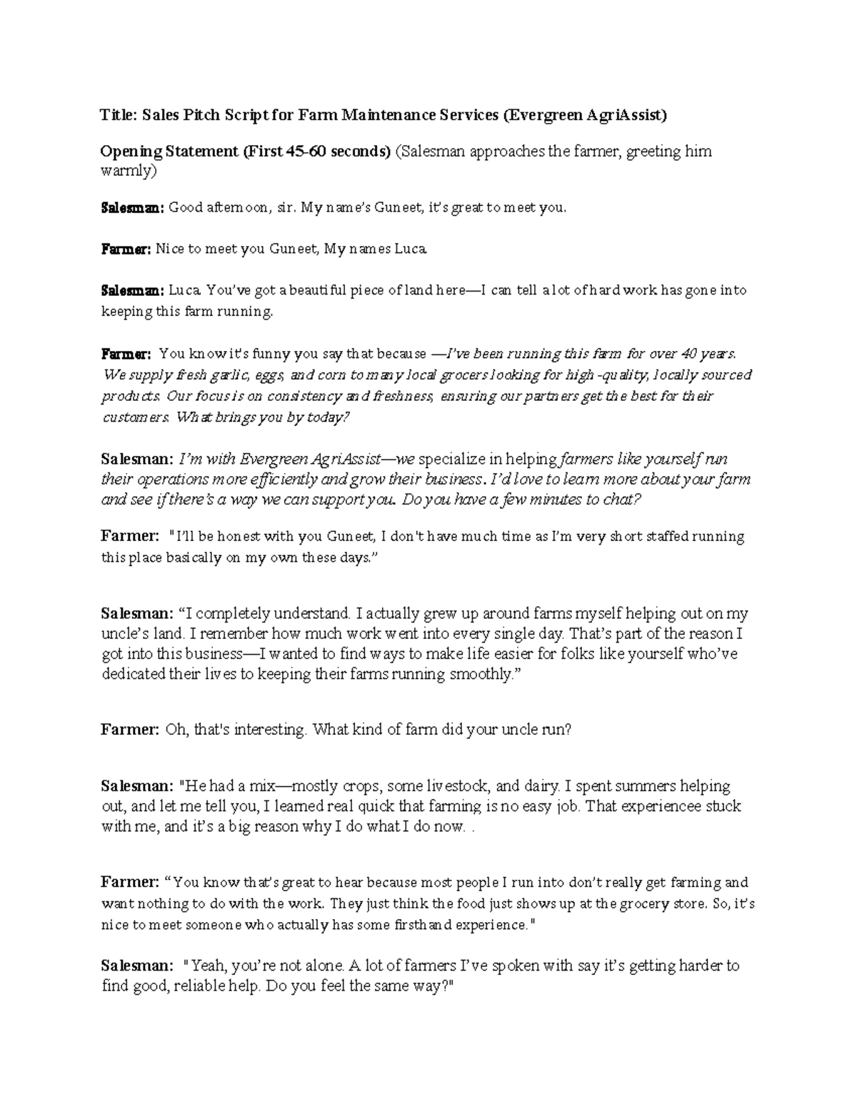 Sales Pitch Script for Farm Maintenance Services - My name’s Guneet, it ...