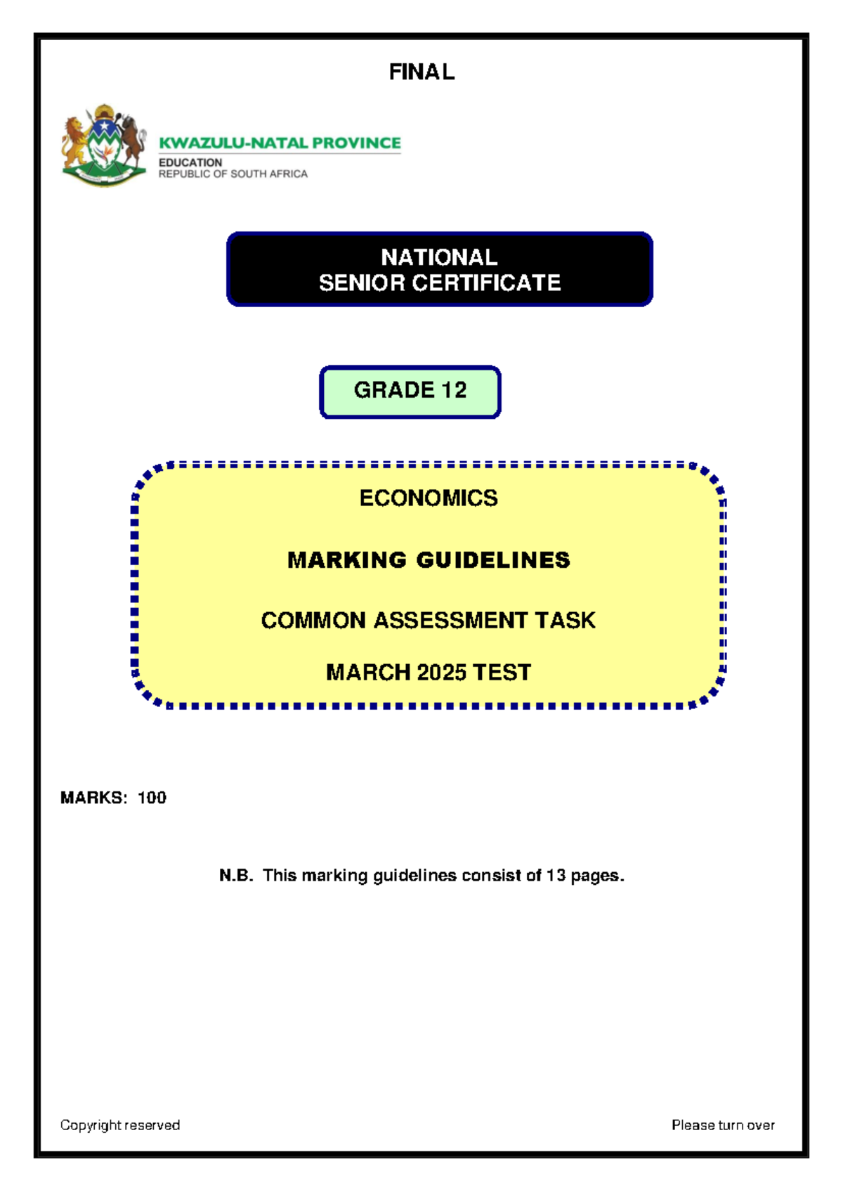 Grade 12 Economics March 2025 Final Exam Marking Guidelines - Studocu