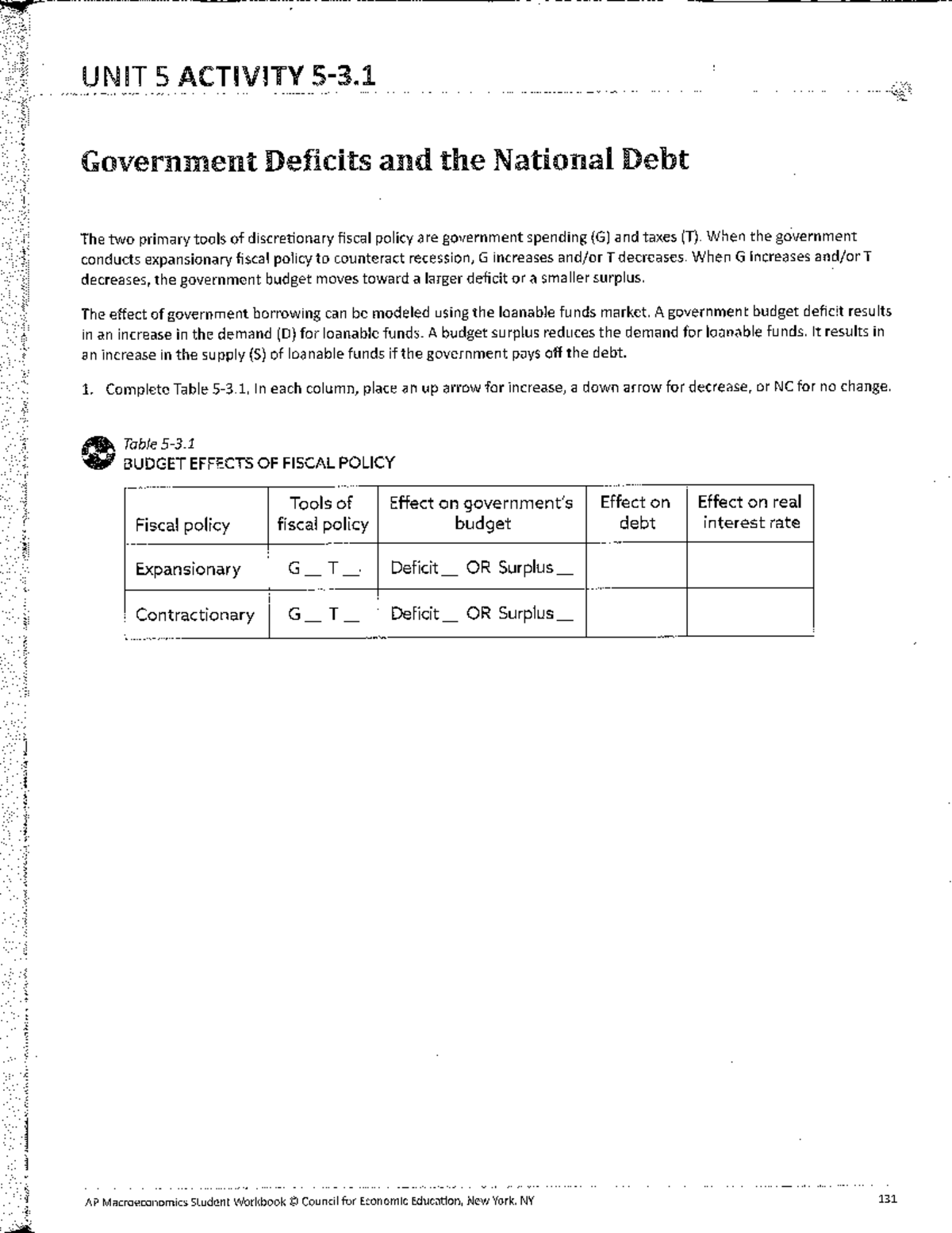 AP Macroeconomics Unit 5: Government Deficits & National Debt Worksheet ...