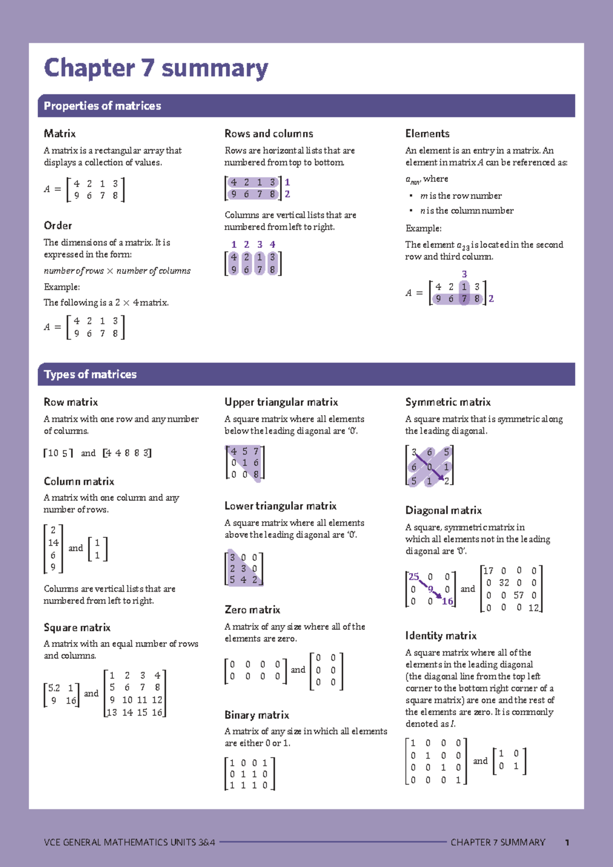 VCE General Mathematics Units 34 - Chapter 7 Matrix Properties Summary ...