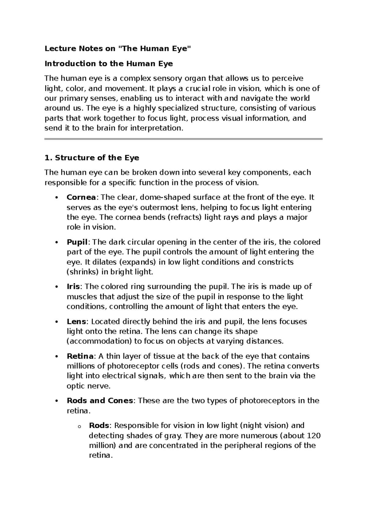 Lecture Notes on The Human Eye - Structure and Function - Studocu