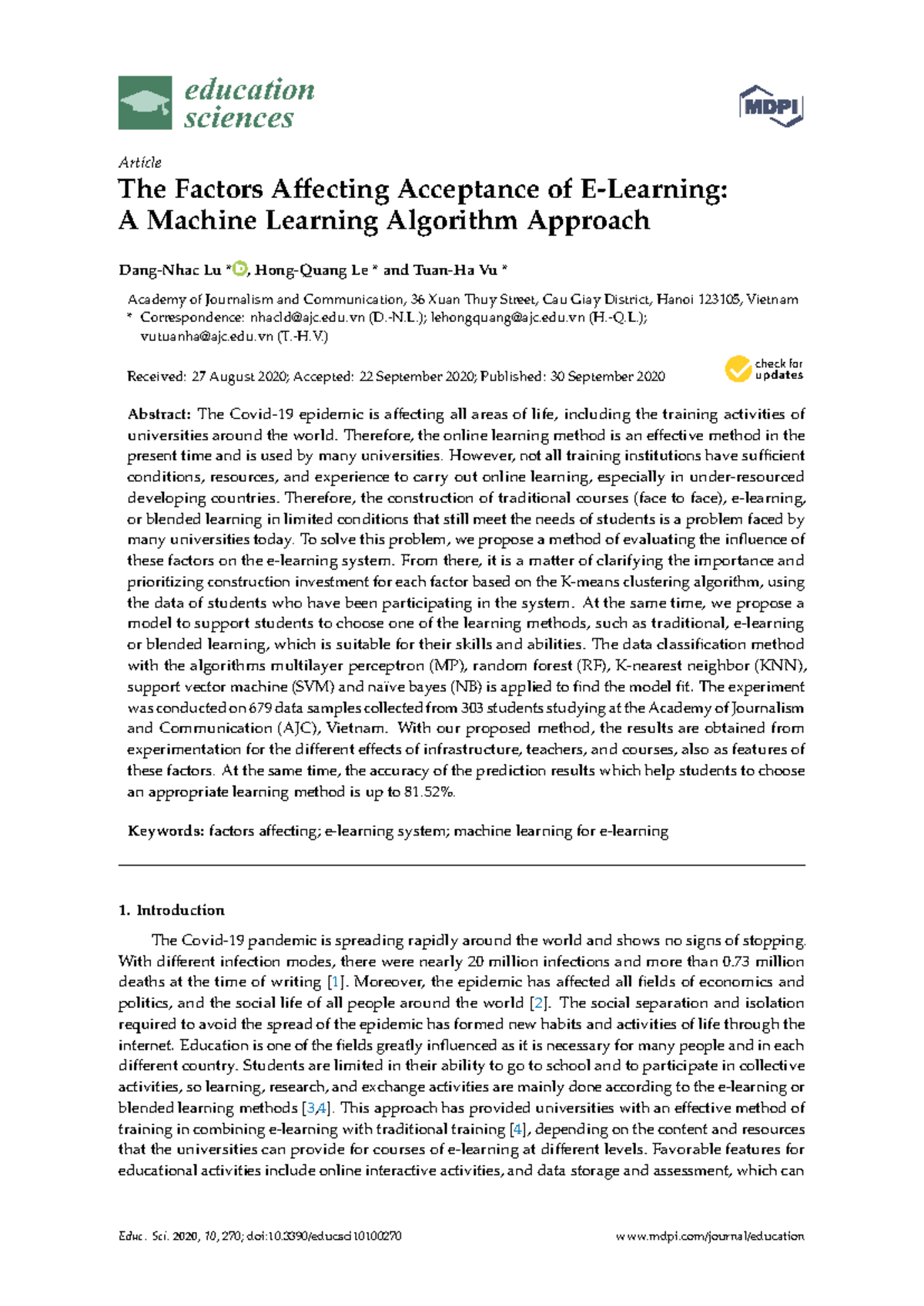 E-10-00270: Factors Influencing E-Learning Acceptance via ML Algorithms ...