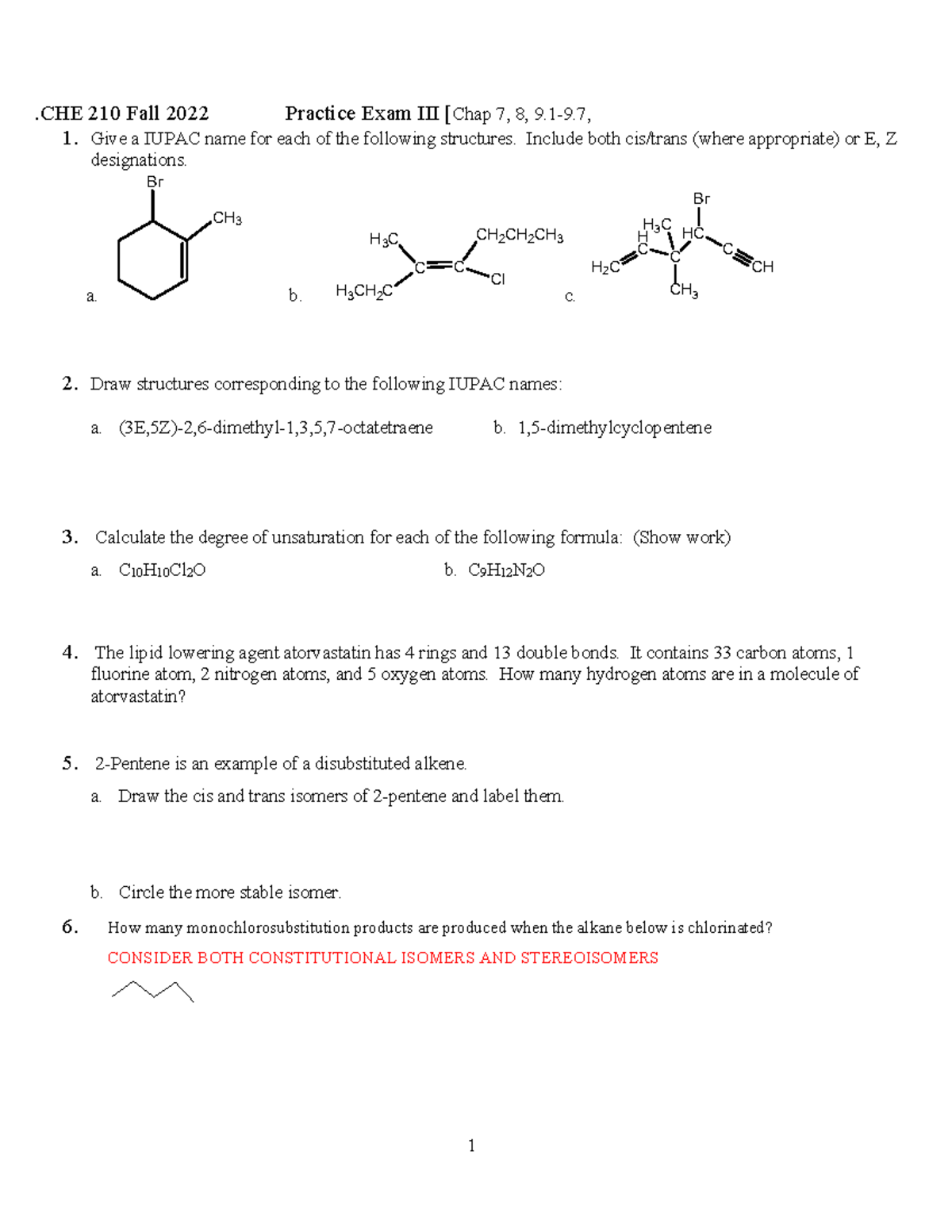 CHE 210 Fall 2023 Practice Exam III: IUPAC Naming & Mechanisms - Studocu
