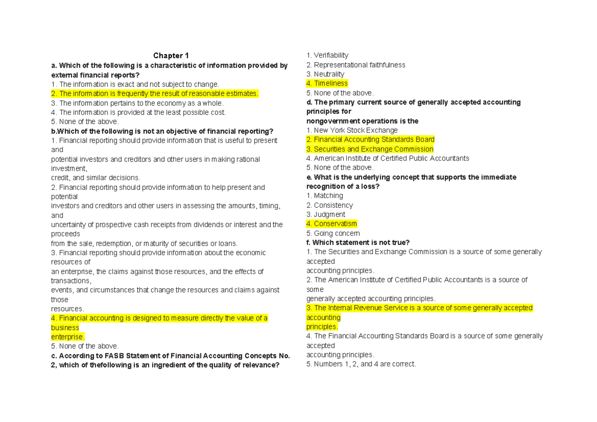 Chapter 1 and 2 financial reporting concepts and exercises (ACCT 101 ...