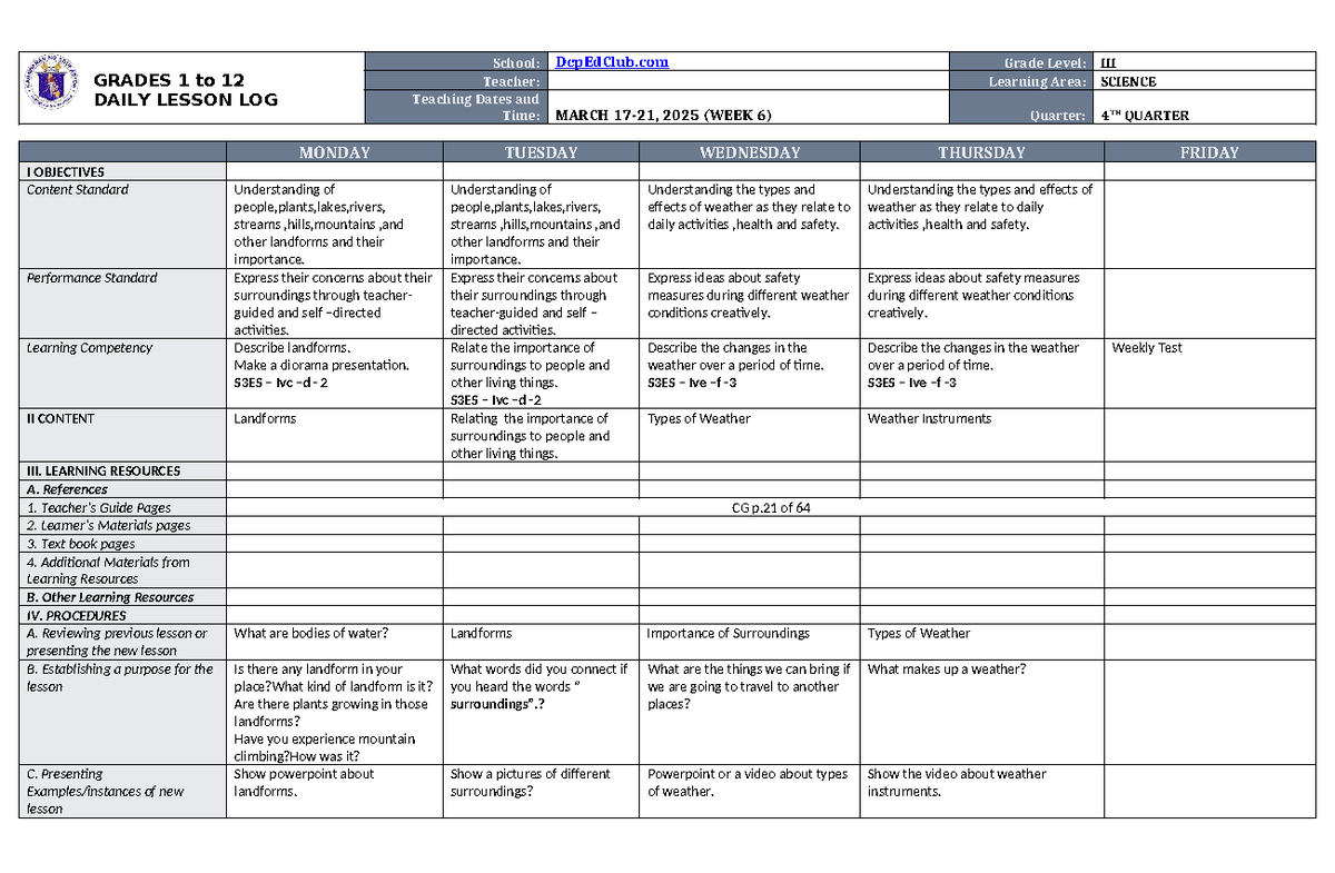 DLL Science 3 Q4 W6 - GRADES 1 to 12 DAILY LESSON LOG School: DepEdClub ...