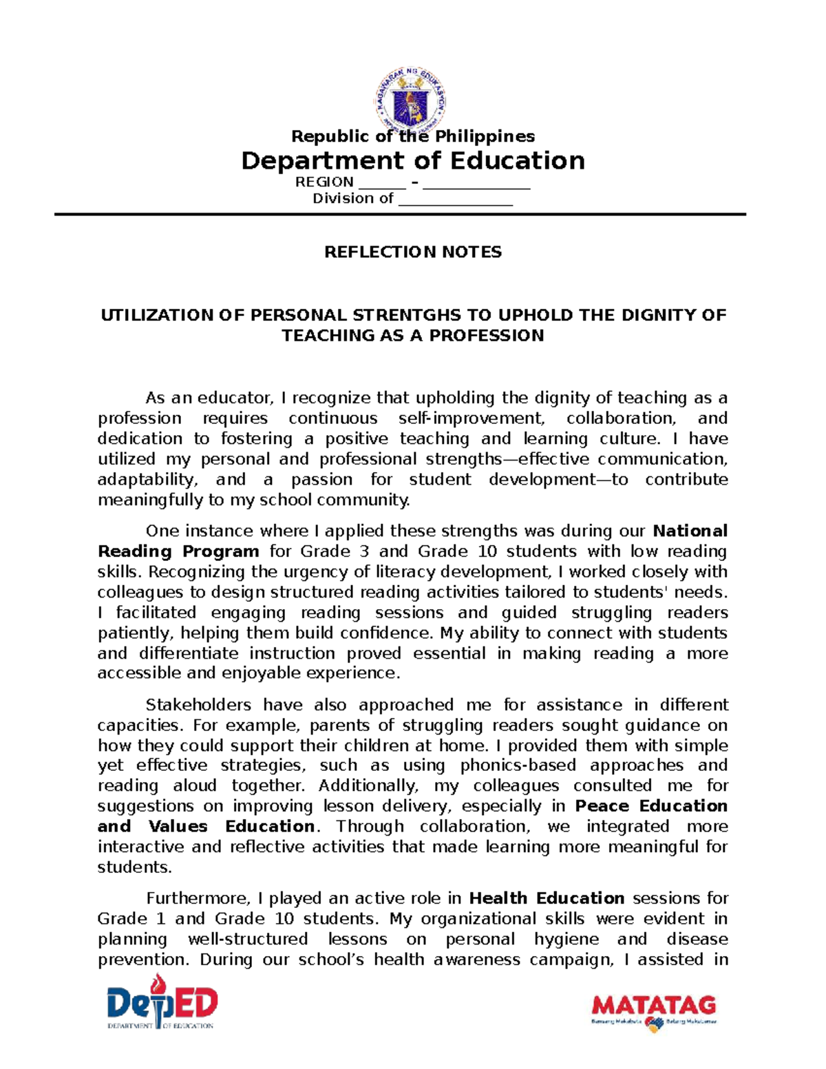 Reflection Notes on Utilizing Personal Strengths in Teaching - Studocu