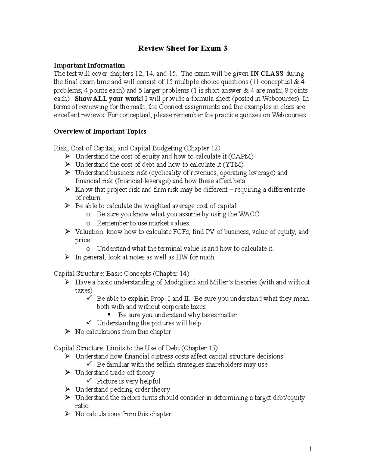 Review Sheet for Exam 3: Key Topics & Concepts in Finance - Studocu