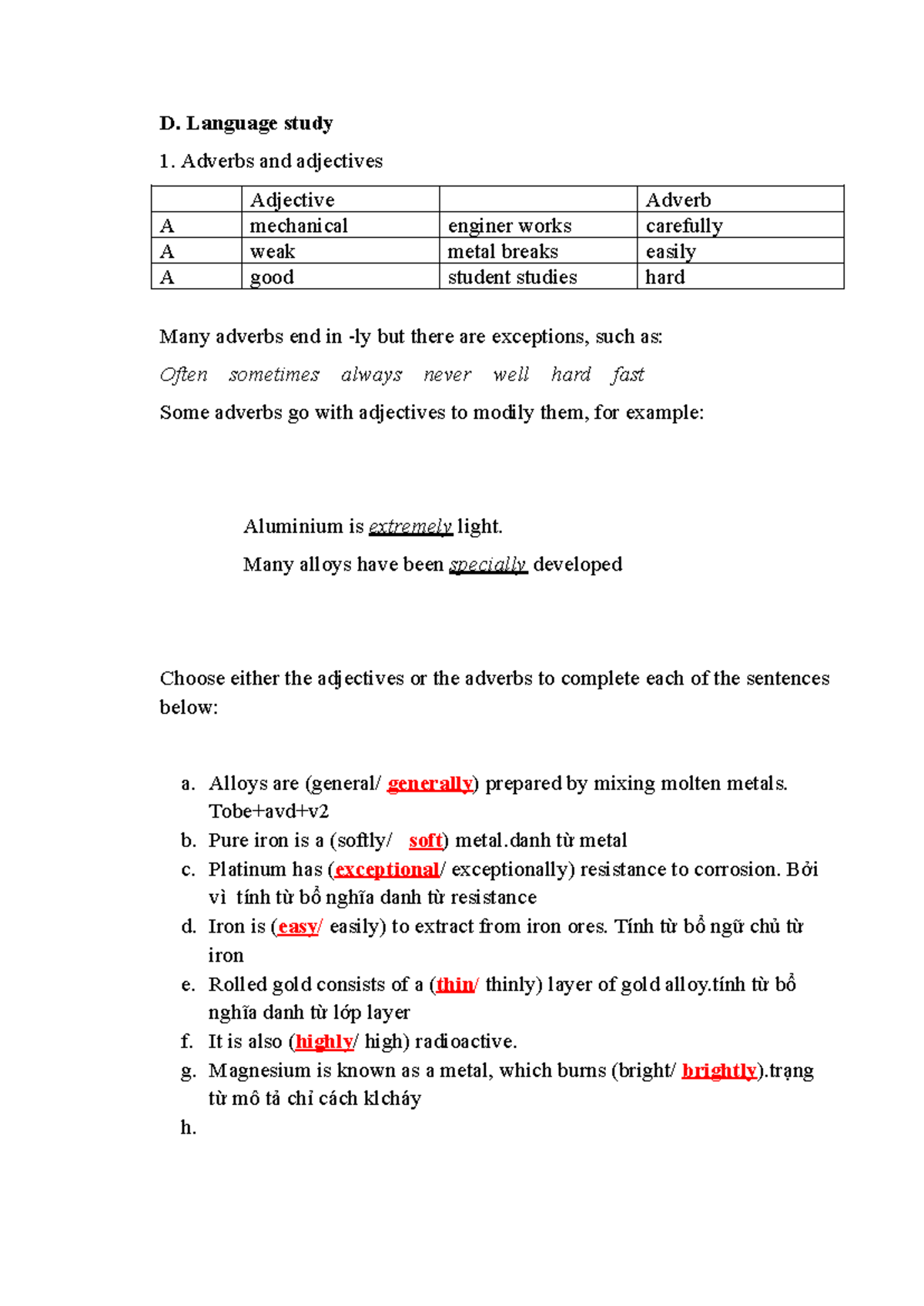 D. Language Study - Exercises on Adverbs and Adjectives - Studocu