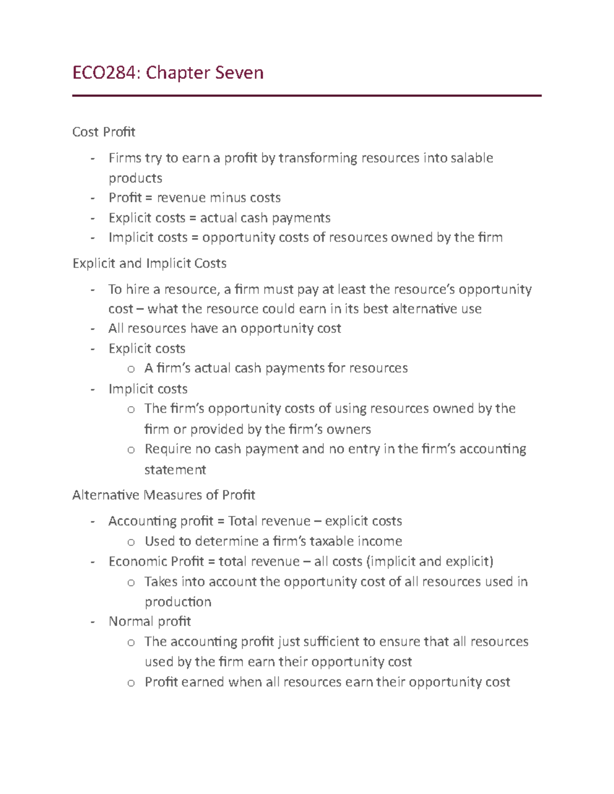 ECO284 Chapter 7 Lecture Notes on Costs and Profits Analysis - Studocu
