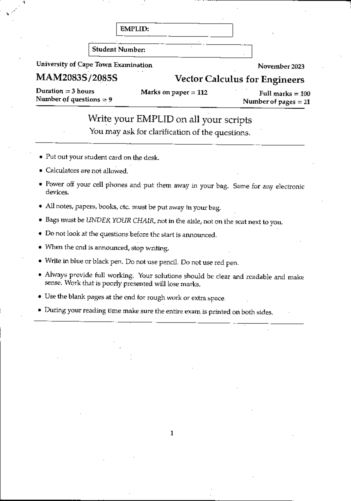 MAM2083 Final Exam November 2023: Vector Calculus for Engineers - Studocu
