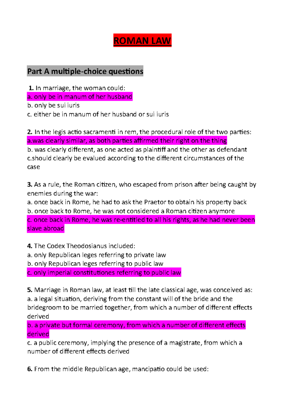Roman Law MCQs & Essay Prompts - Old Exam Questions - Studocu