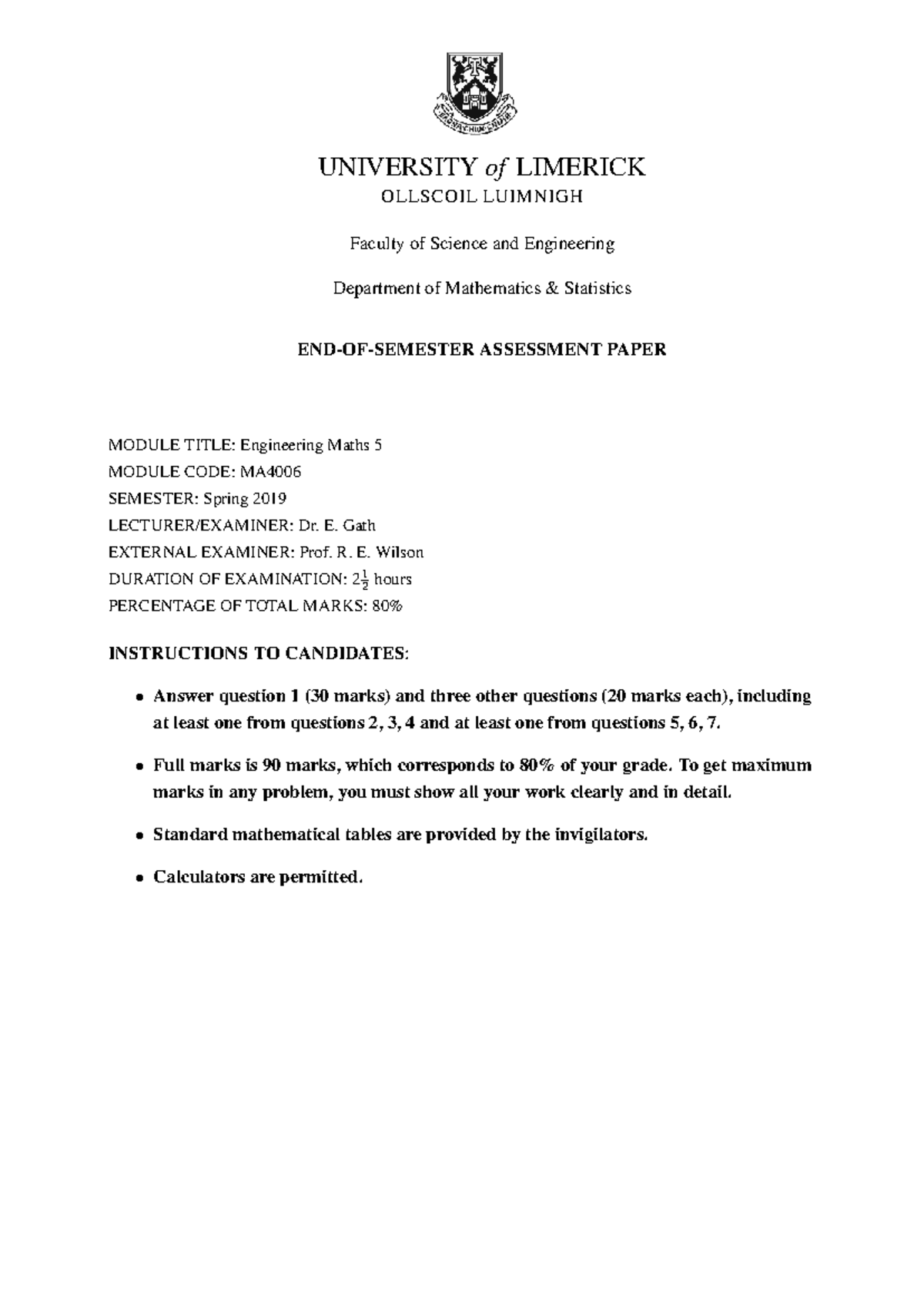 Engineering Maths 5 (MA) Final Exam Questions - Spring 2019 - Studocu