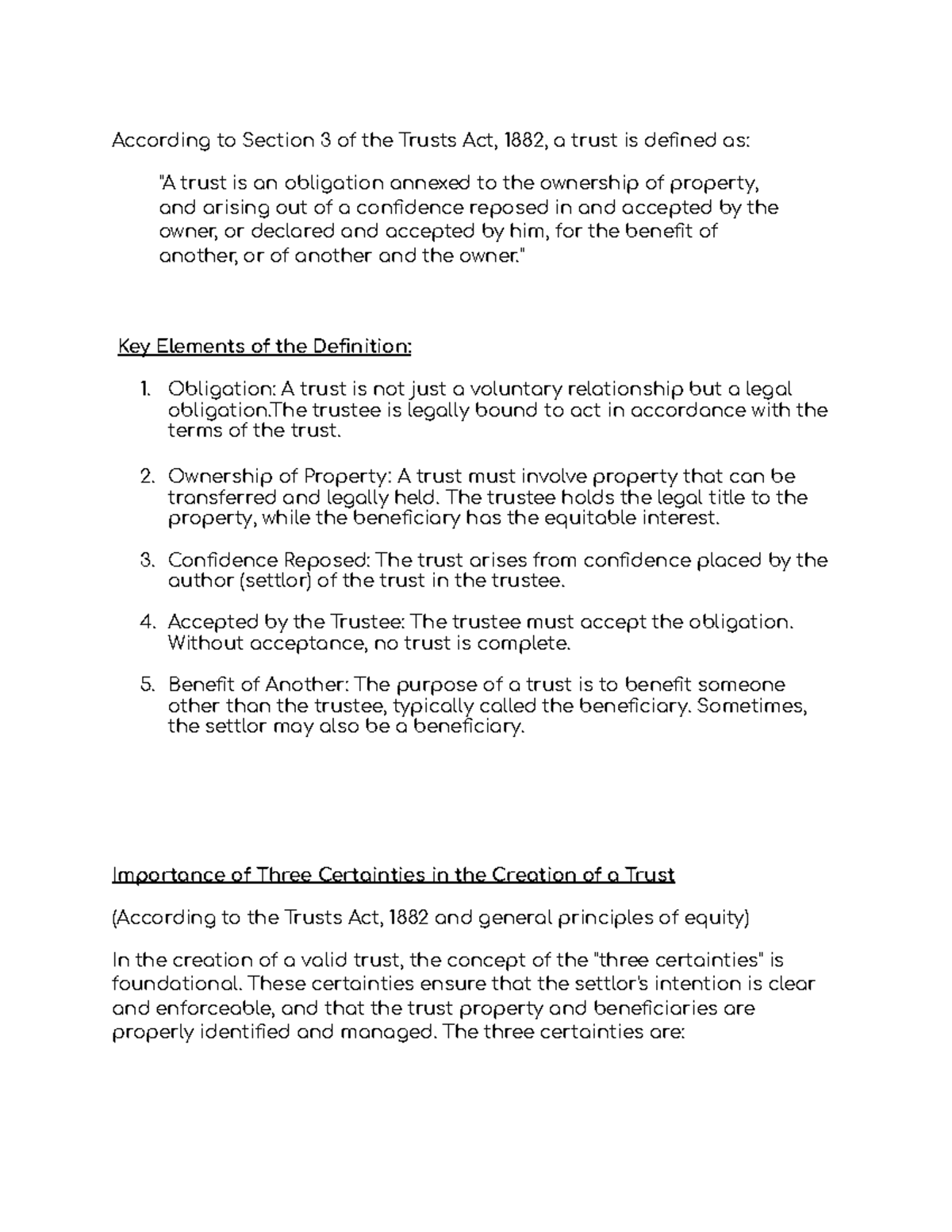 Trusts Act, 1882: Key Elements & Certainties - Lecture Notes - Studocu