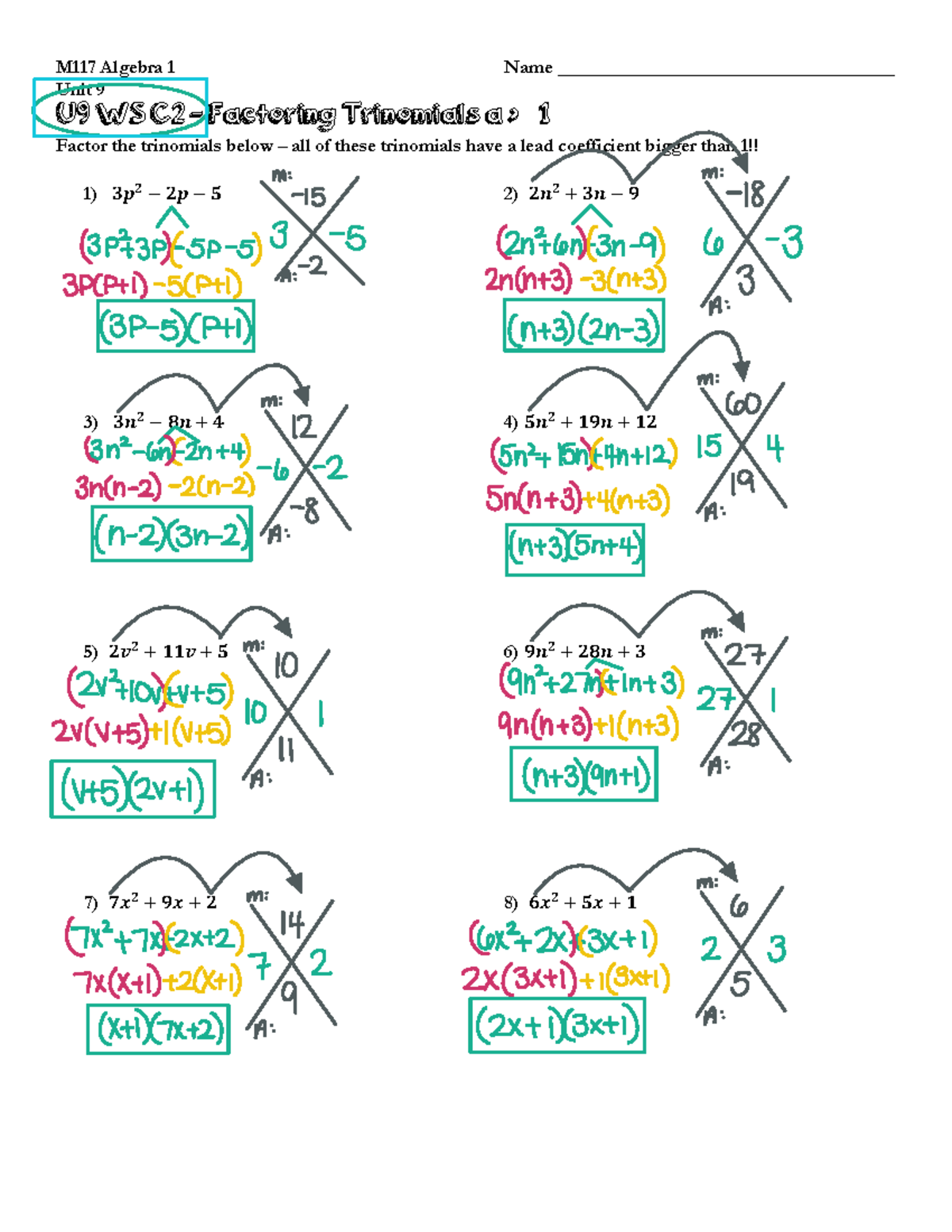 M117 Unit 9 WS C2 Key - its the goat - M117 Algebra 1 Name