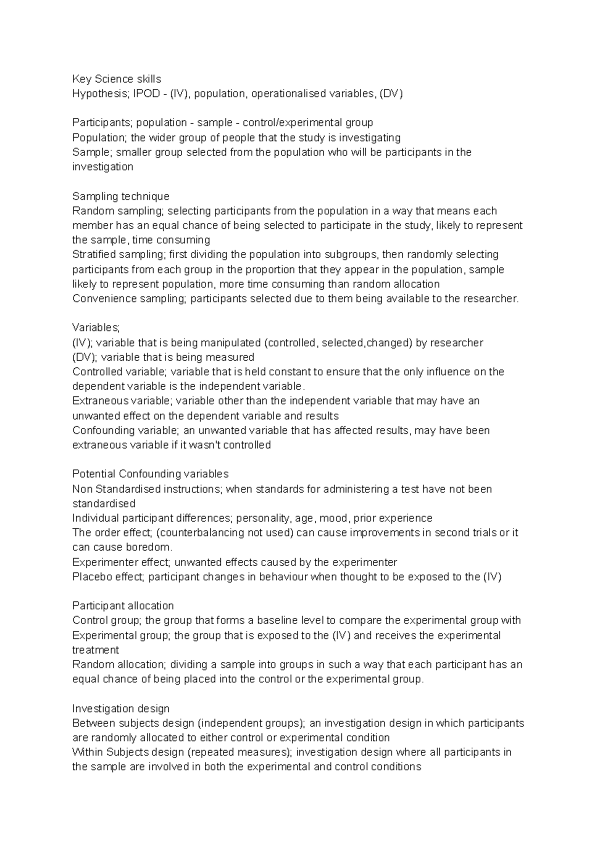 Key Science Skills: Investigating Variables and Methodologies - Studocu