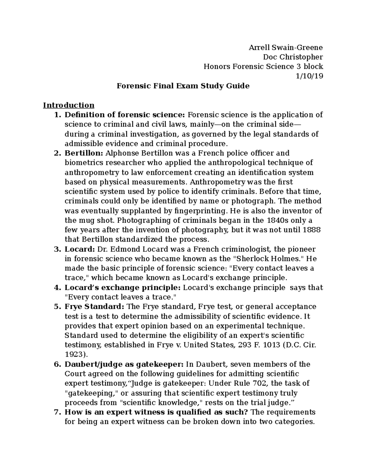 Forensic Science Hon. Exam Study Guide - Forensic Final Exam - Studocu