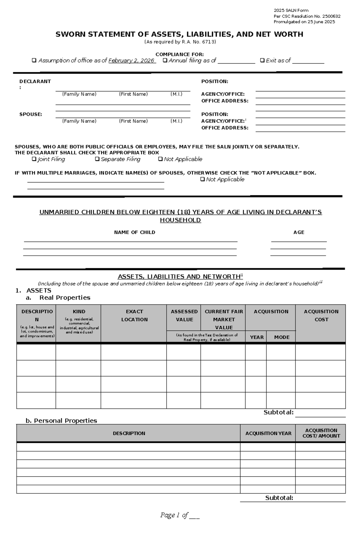 2025 SALN Form Compliance per CSC Res. No. 2500632 - Studocu