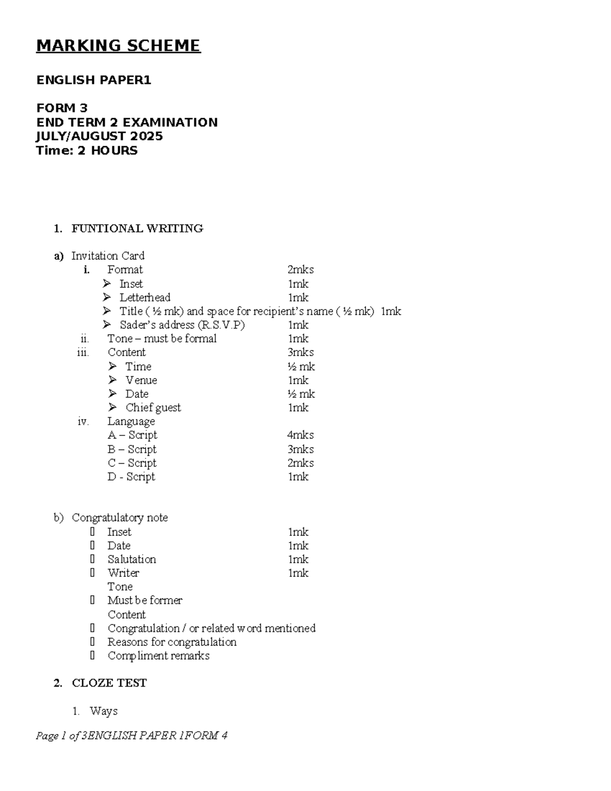 English F3 End Term 2 Exam Marking Scheme 2025 - Studocu