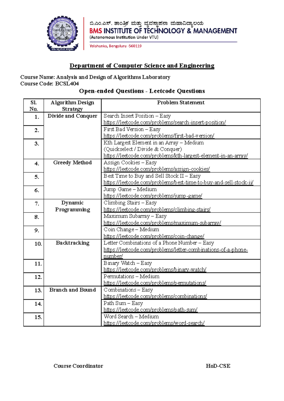 BCSL404 Lab: Algorithm Design Strategies & Leetcode Questions - Studocu