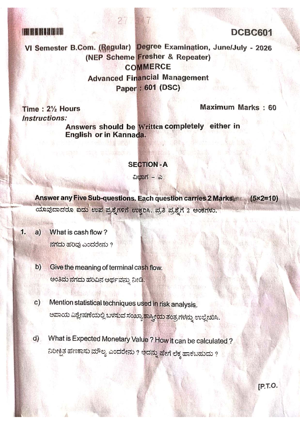 AFM 601 - VI Sem B.Com Advanced Financial Management Exam 2026 - Studocu