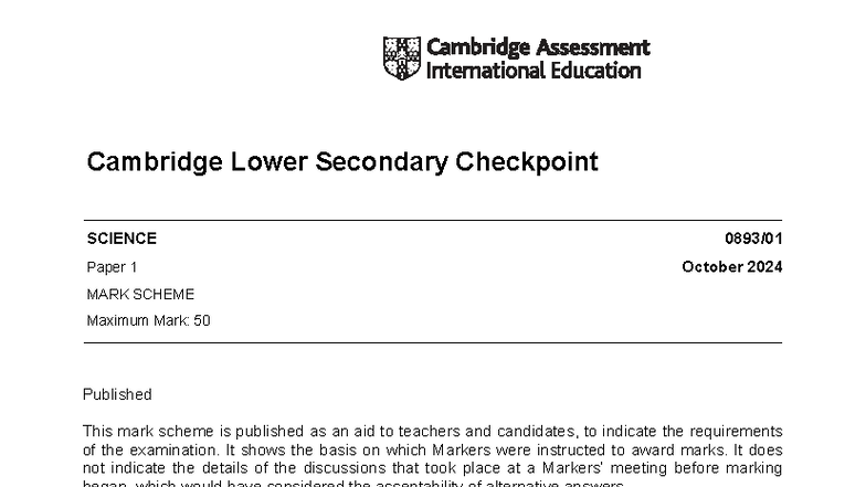 Science Checkpoint 2024 Paper 1 Mark Scheme (Max Mark: 50) - Studocu
