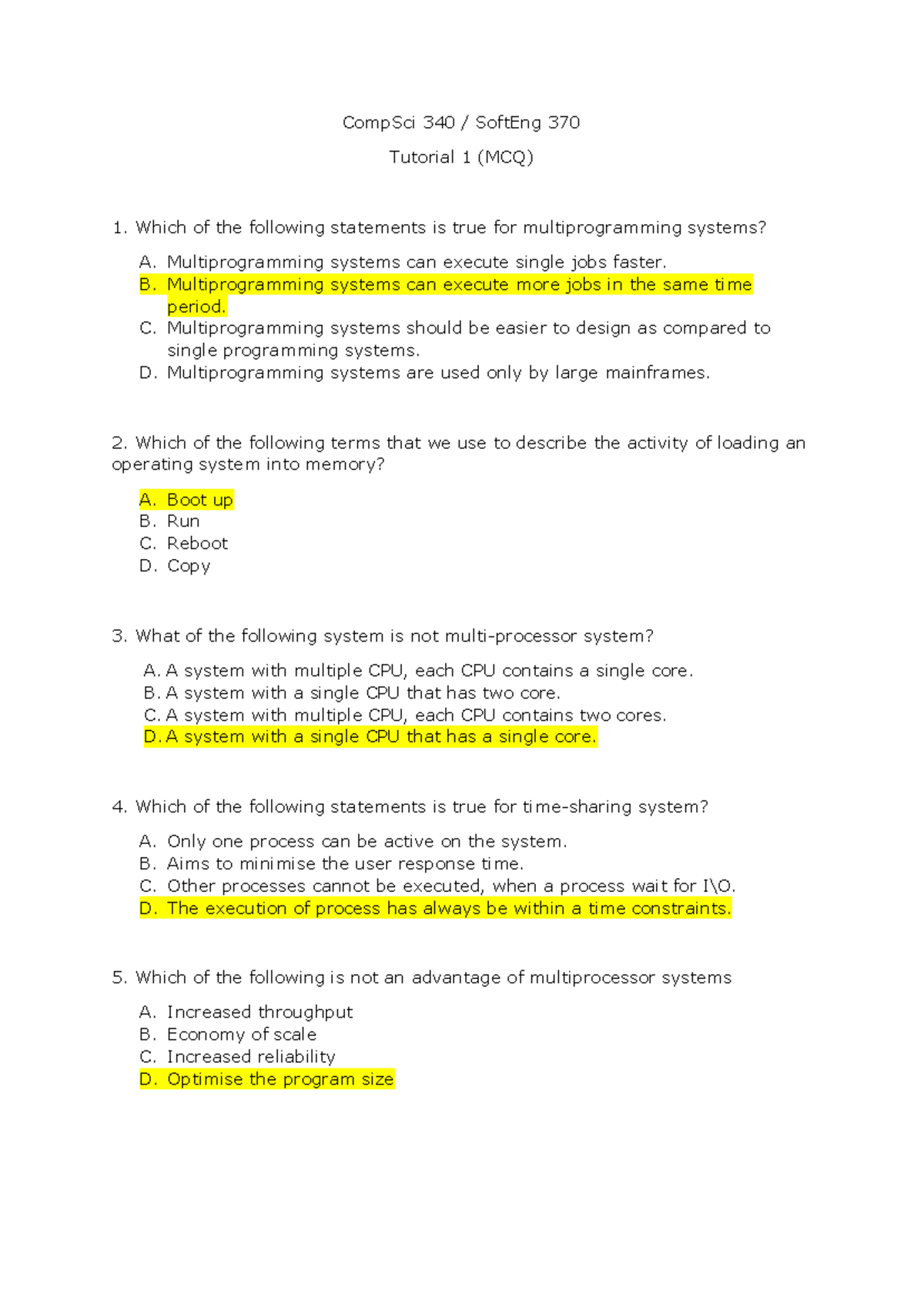 CompSci 340 / SoftEng 370 Tutorial 1 (MCQ) Answers and Explanations ...