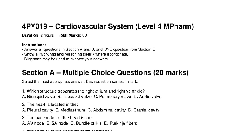 4PY019 Cardiovascular System Final Exam - 2 Hours - Studocu