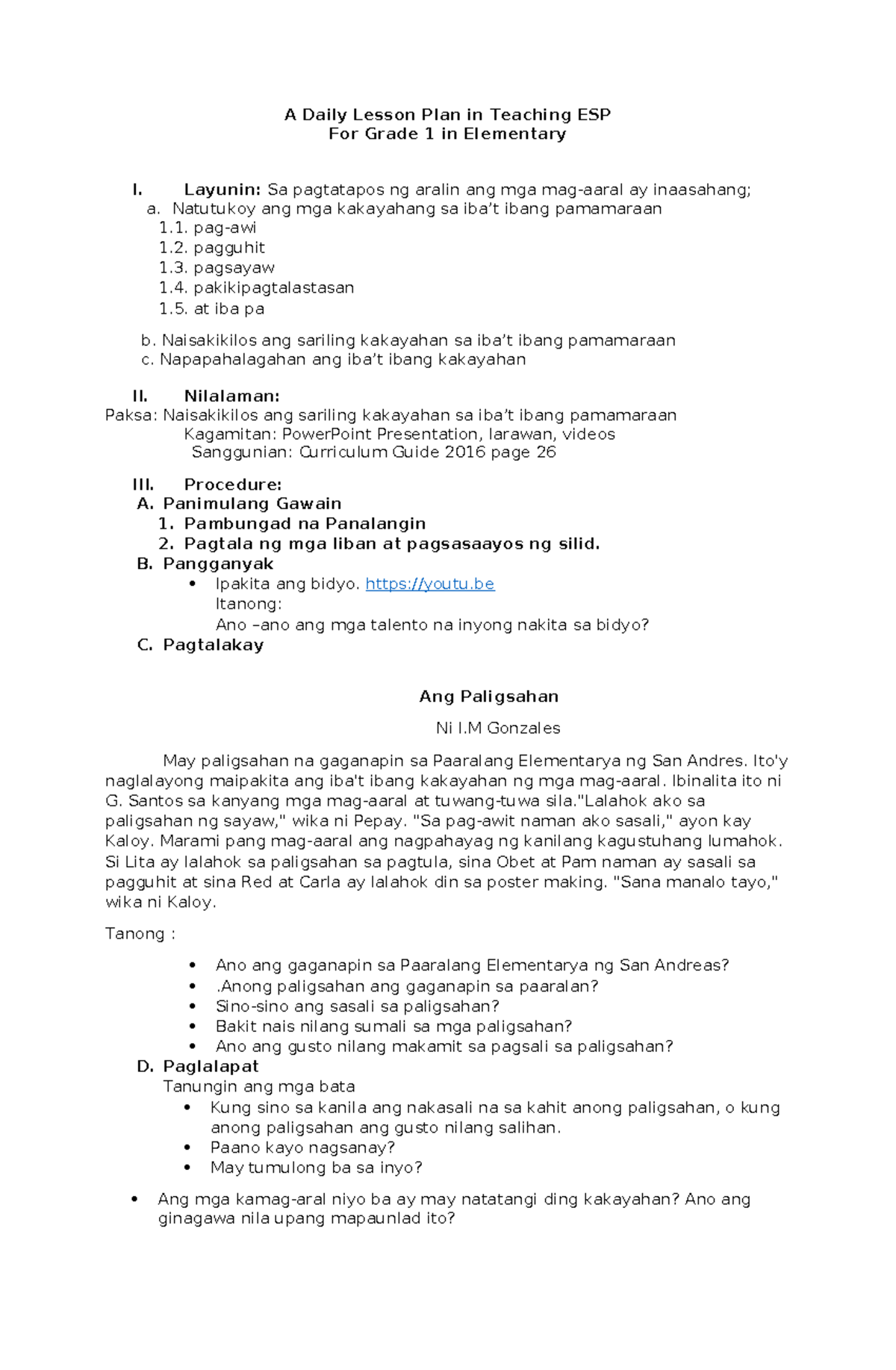 429991467 Daily Lesson Plan: ESP 1 for Grade 1 Students - Studocu