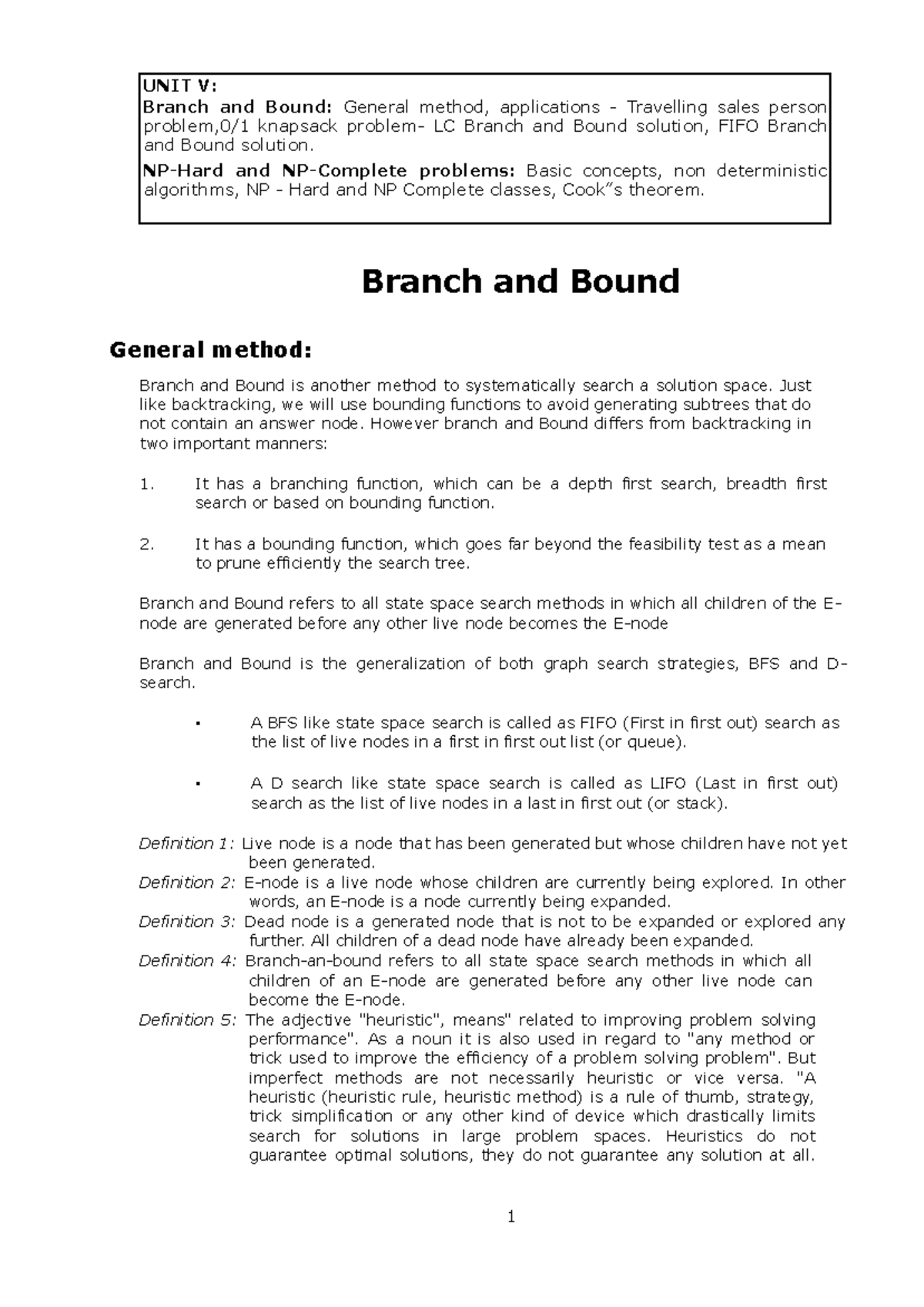 ADA - Unit V Notes: Branch and Bound Methods & Applications - Studocu