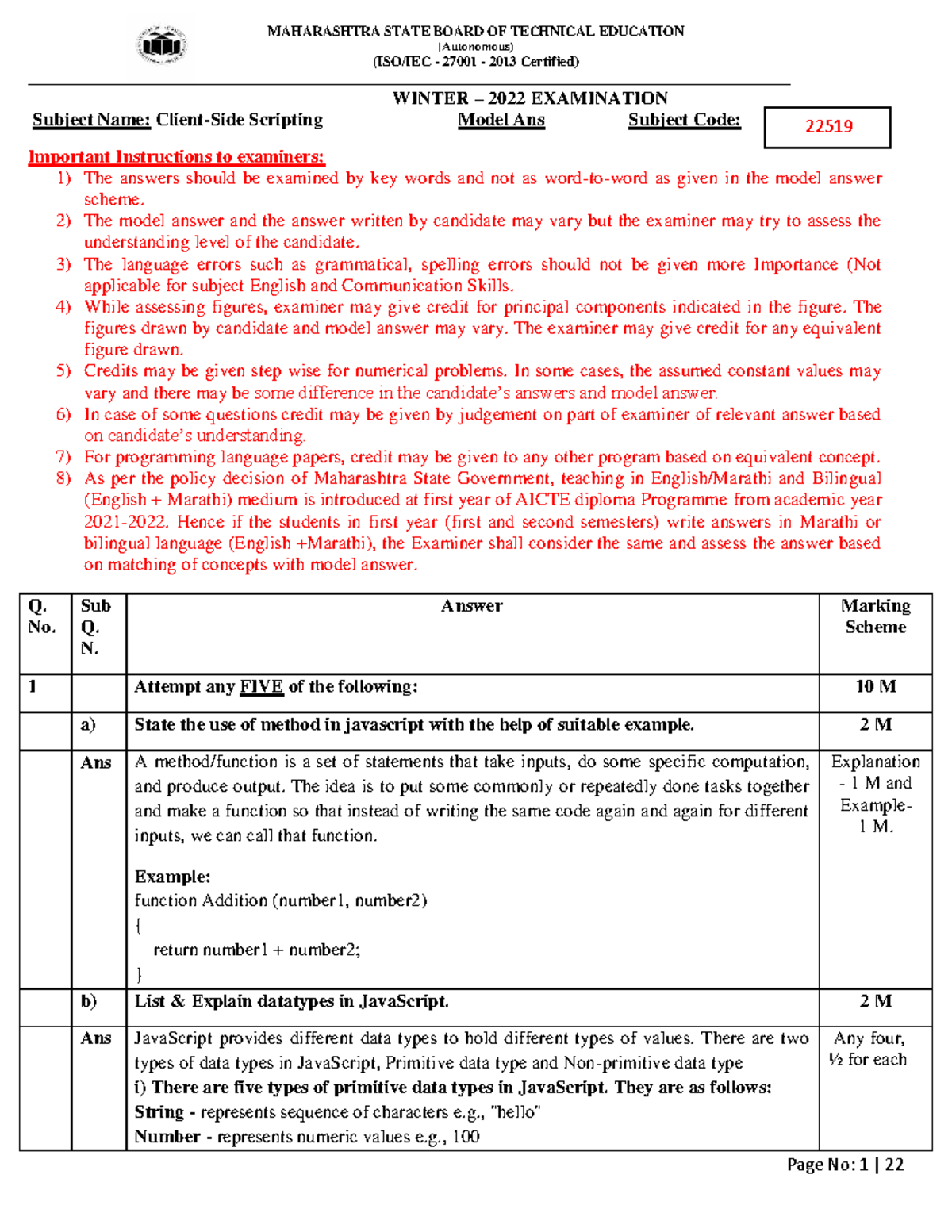 MSBTE W22 22519 Scripting Model Answers for Winter Exam - Studocu