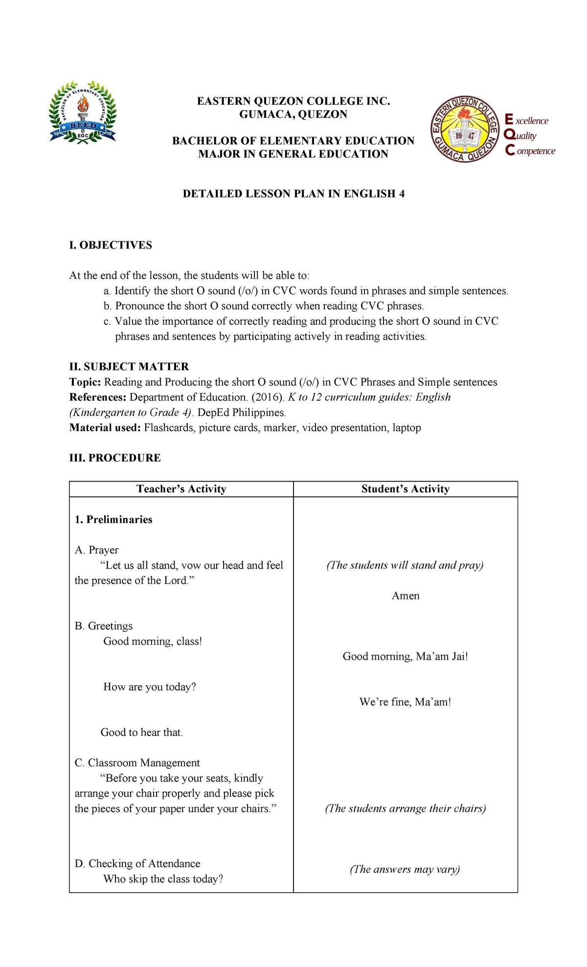 Detailed Lesson Plan in English 4: Short O Sound in CVC Words - Studocu