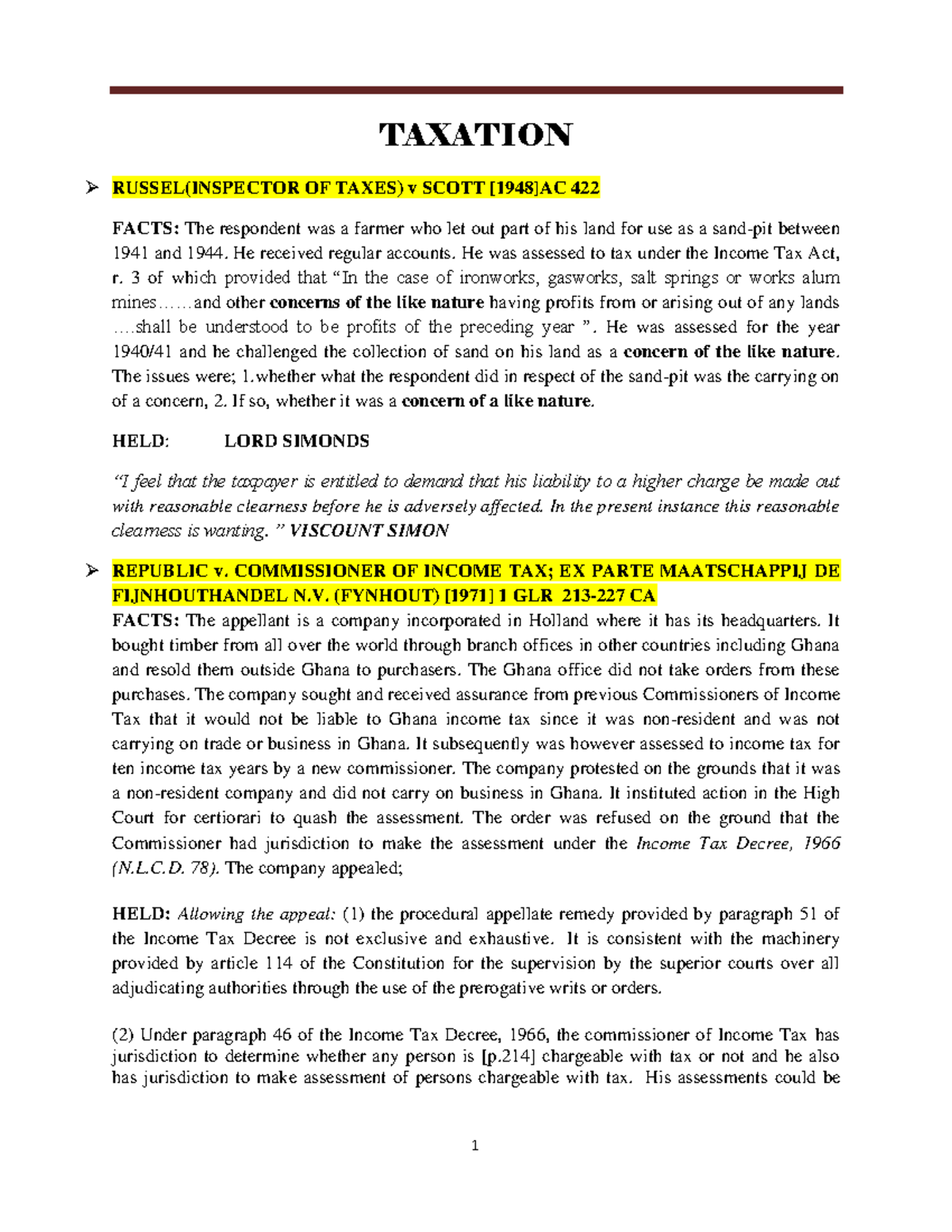 Briefs on Taxation - brief of cases - TAXATION RUSSEL(INSPECTOR OF ...