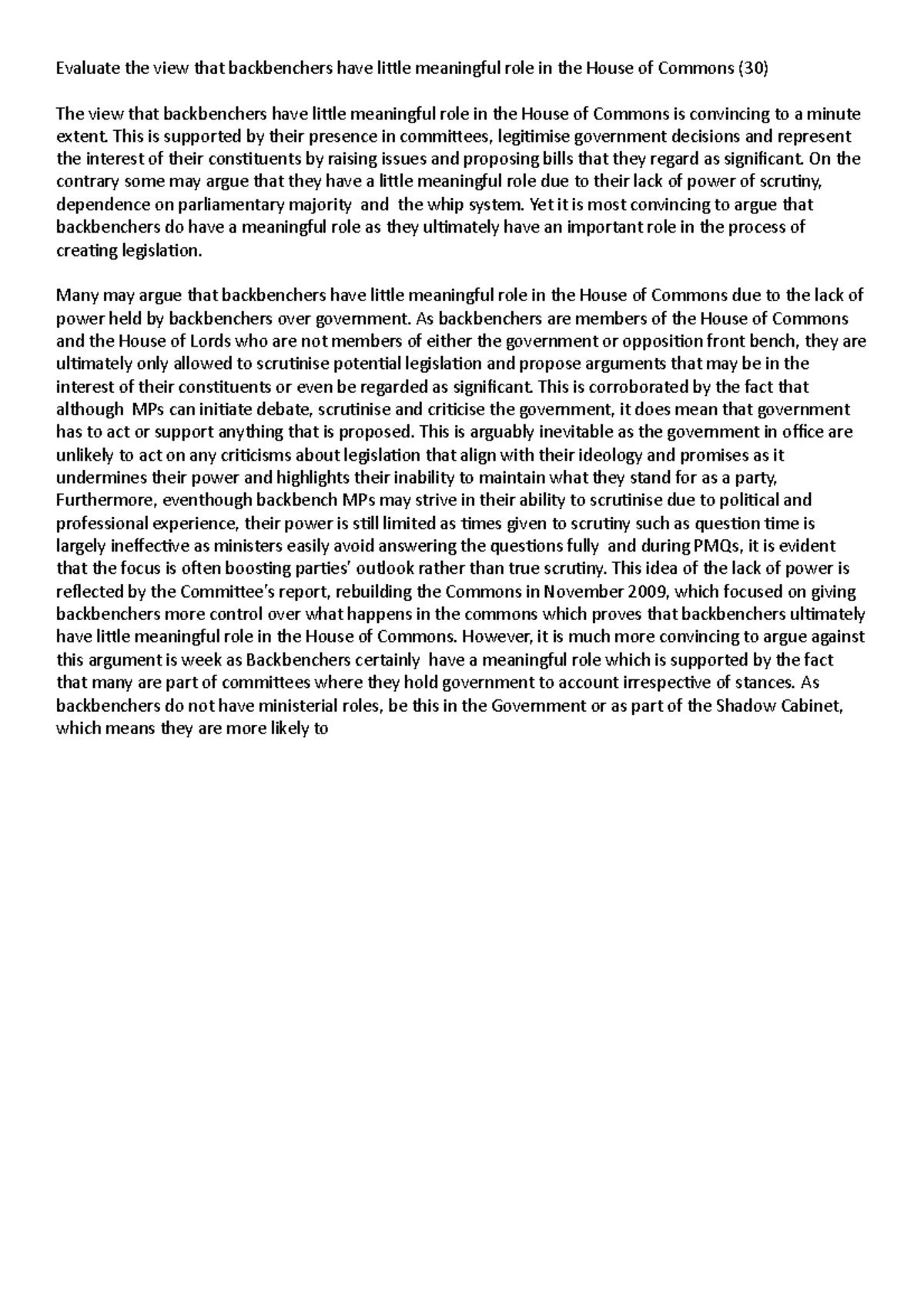 The Role of Backbenchers in the House of Commons: A Critical Evaluation ...
