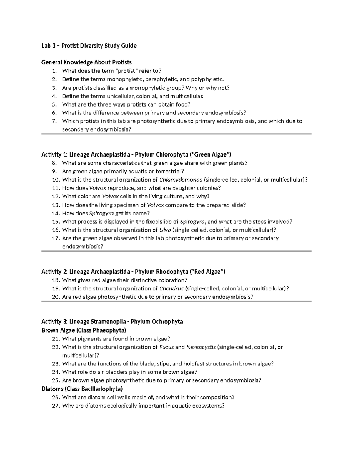 Lab 3 - Protist Diversity Study Guide: Key Concepts and Activities ...