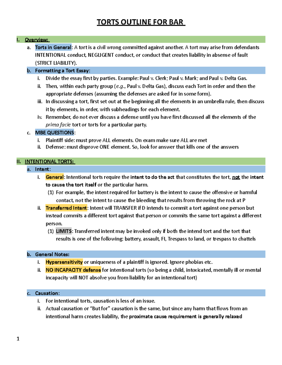 Torts Overview and Key Principles for Bar Exam Preparation - Studocu