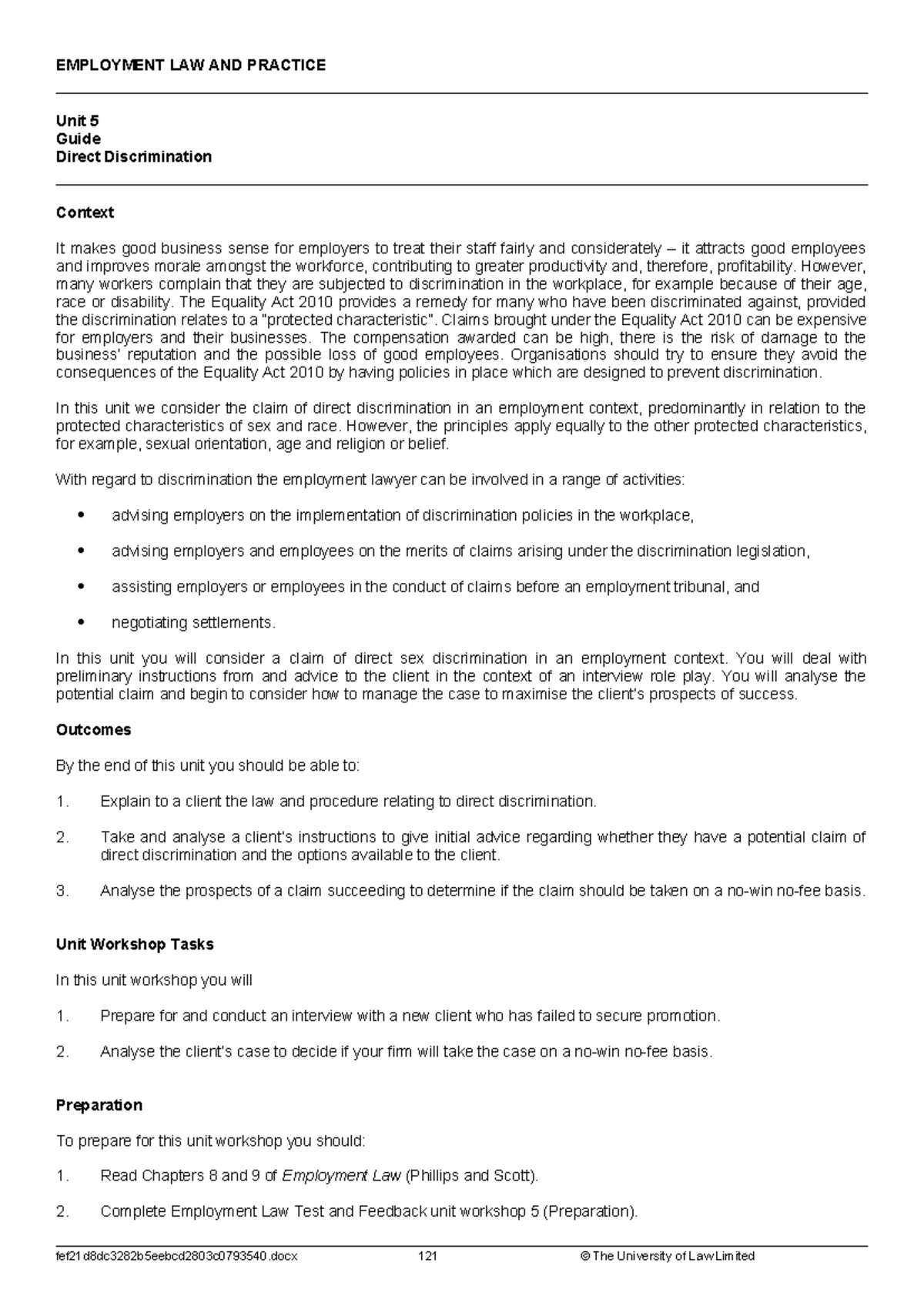 EMPLOYMENT LAW AND PRACTICE Unit 5: Guide to Direct Discrimination ...