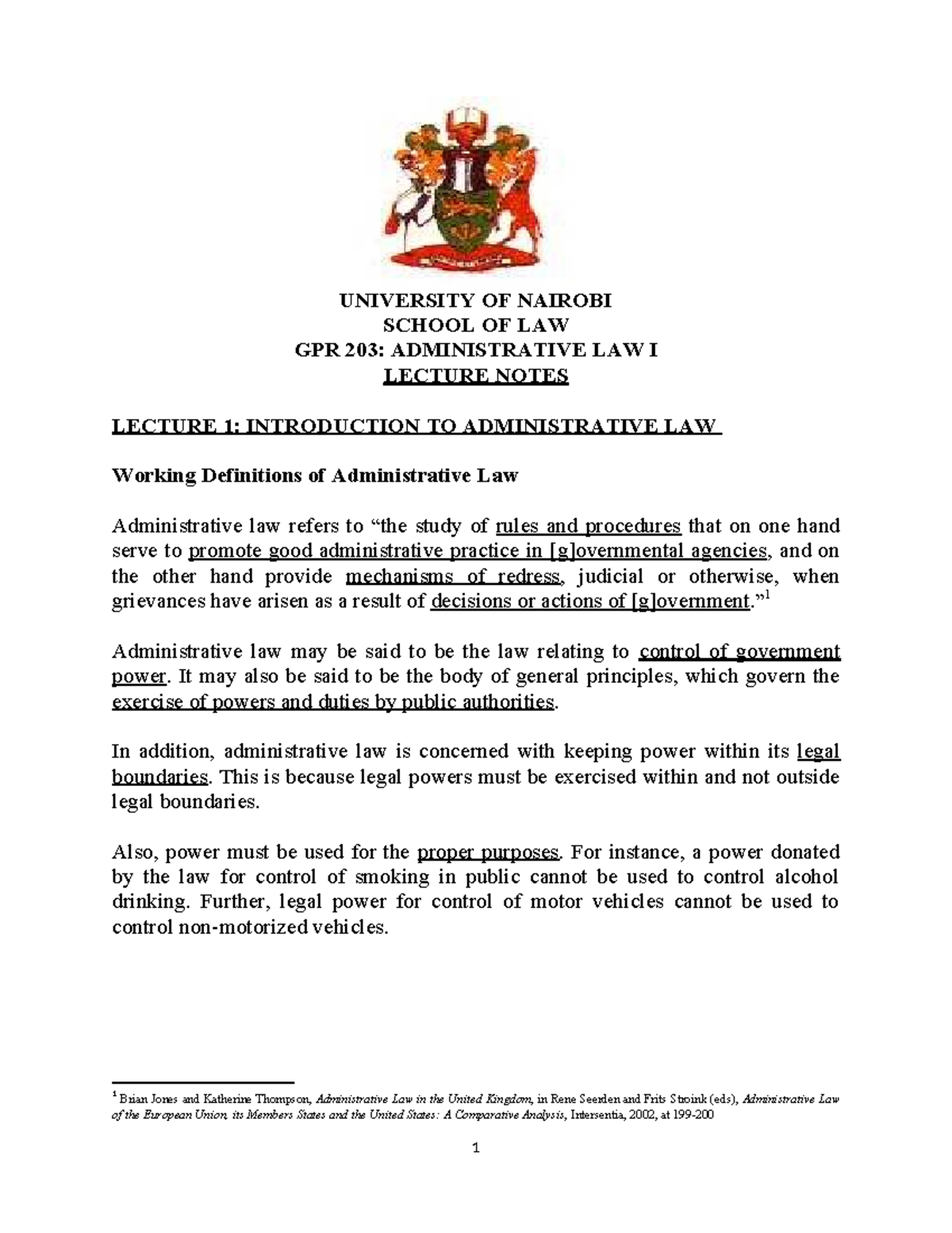 GPR 203: Administrative Law I - Lesson 1 Lecture Notes - Studocu