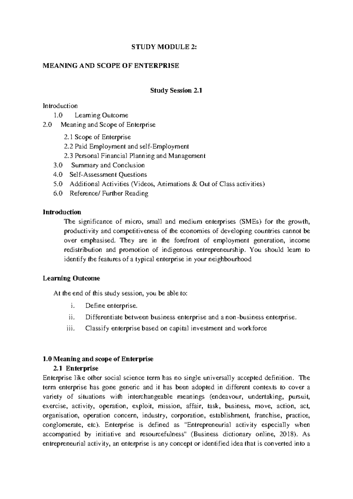 STUDY MODULE 2: MEANING & SCOPE OF ENTERPRISE - Session 1 - Studocu