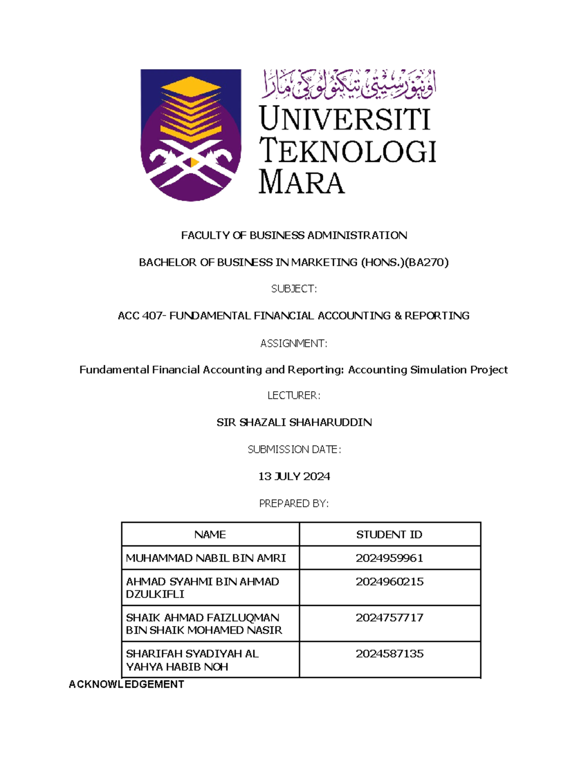 ACC 407 UITM Final Assignment: Accounting Simulation Project - Studocu