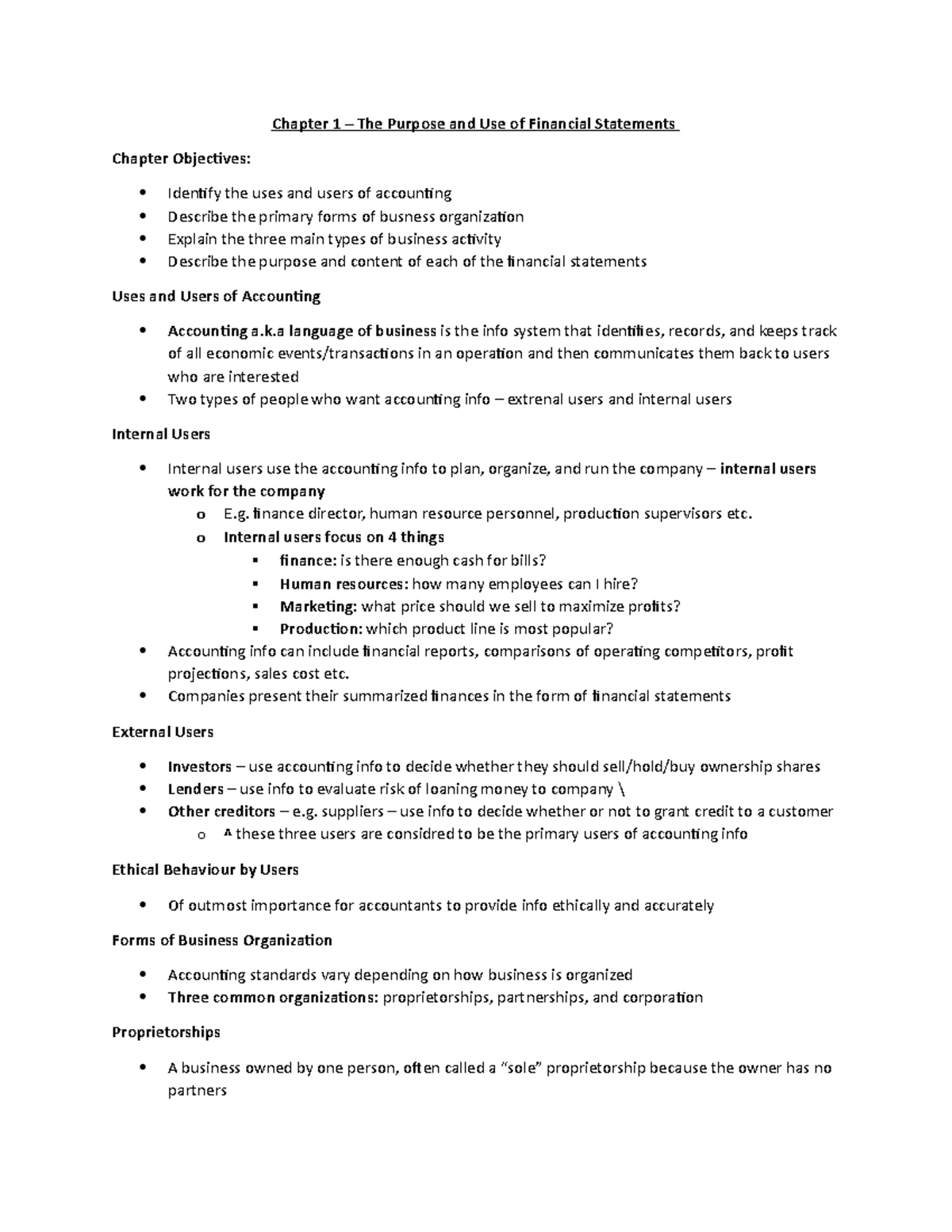 Chapter 1 - Summary: Financial Accounting for Business Decision Making ...