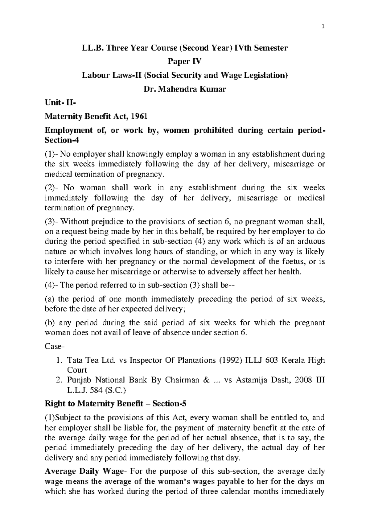 Labour Laws-II Notes (LL 2nd Year IV Sem) - Maternity Benefits - Studocu
