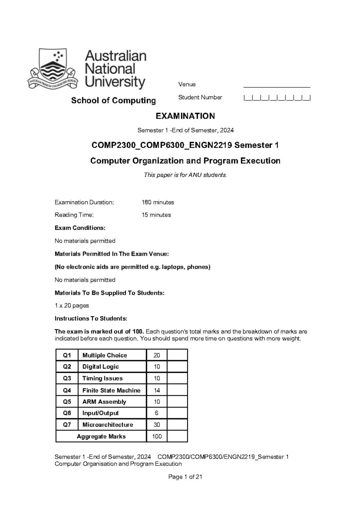 COMP2300_COMP6300_ENGN2219 Semester 1 Final Exam: Computer Organization ...
